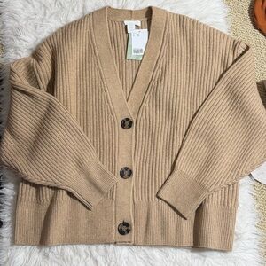 NWT H&M XXL Brown Beige Ribbed Knit Cardigan Button down long sleeve